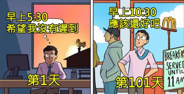 ６張「上班第１天ＶＳ上班第１０１天」的差距，老了就真的「很唱秋」，啥咪攏不驚！第５上班看黃片根本小意思！