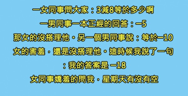 辦公室裡大家的「性感尤物女神」同事，問了公司男同事一個小小的數學問題，聰明的我一下就想到解答了，可是我…